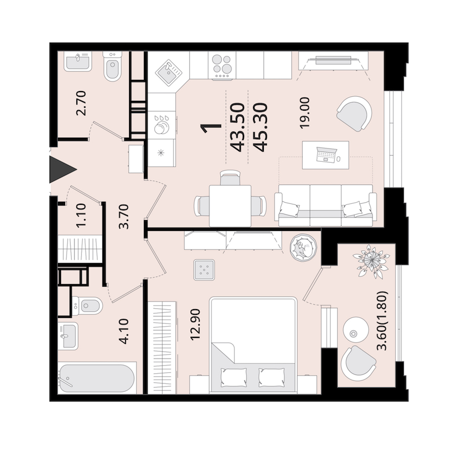 1-комнатная квартира 45.3 м², 11/13 эт., ЖК «Тайм Сквер»